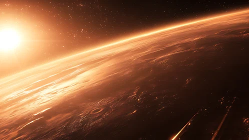 Oblique orbital view of sunlit desert planet with volumetric haze