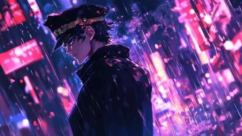 Neon rain sentinel in a storm of electric midnight color.