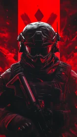 Armored tactical operator rendered in high-contrast red lighting