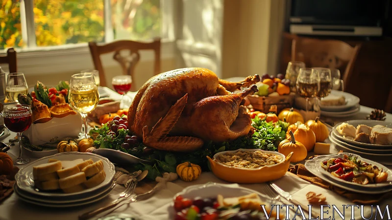 Roast turkey on formal dining table with assorted side dishes.