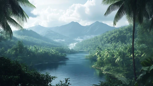 Tranquil jungle river winding toward misty blue mountains.