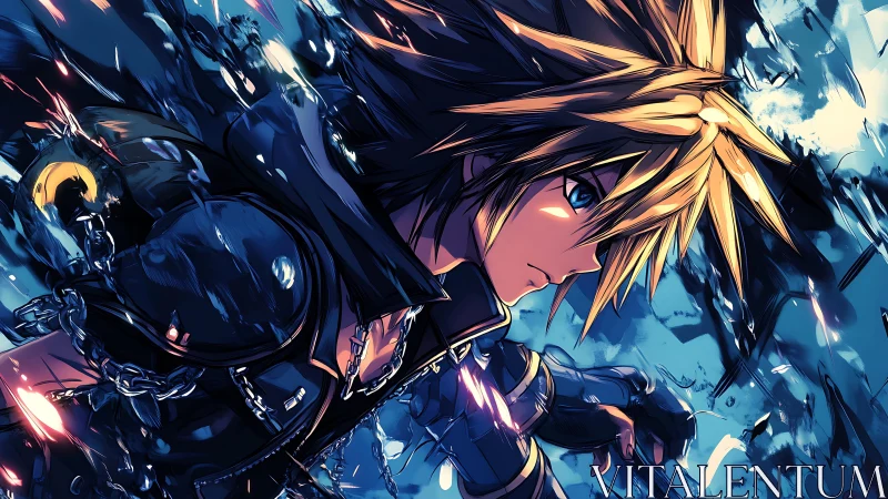 Spiky haired anime warrior breaking chains in motion storm.