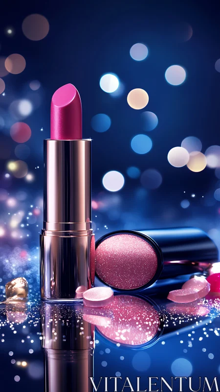 Glamorous pink lipstick sparkles amid festive bokeh lights.