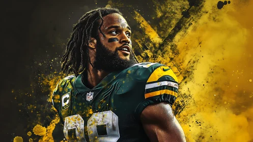 Gridiron thunderbolt in splashed gold and green glory.