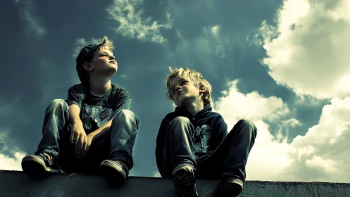 Children gaze skyward. Wonder against cloud-swept blue.