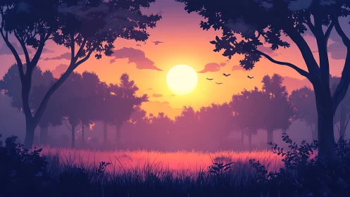 Radiant sunset glows through tranquil misty forest meadow.