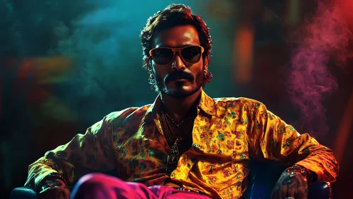 Bold man in retro floral shirt sits in neon smoke glow.