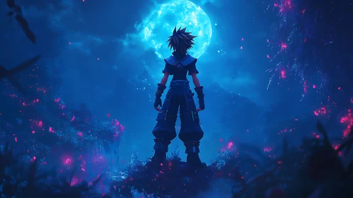 Anime hero under luminous moon in neon forest nightscape.