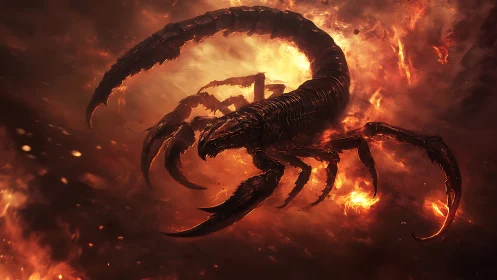 Infernal biomechanical scorpion emerges from incendiary vortex