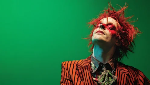 Theatrical portrait with red clown makeup on green backdrop.
