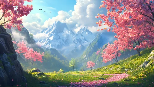 Mountain valley rendered with high saturation cherry blossom trees