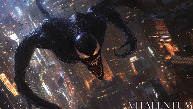 Night-slick symbiote soaring above neon-soaked streets.