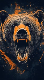 Roaring bear head illustration with orange splatter accents.