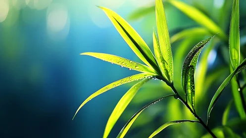 Green bamboo leaves with water droplets in soft focus light.