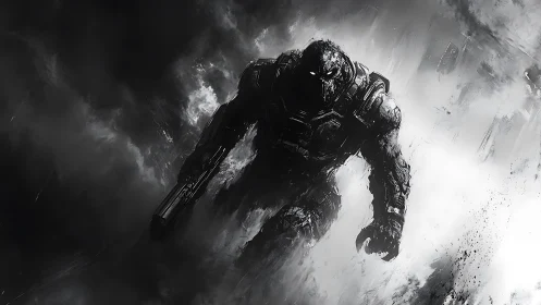 Armored biomechanical trooper advances through high-contrast smoke field