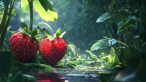 Macro-illuminated forest strawberries over reflective stream.