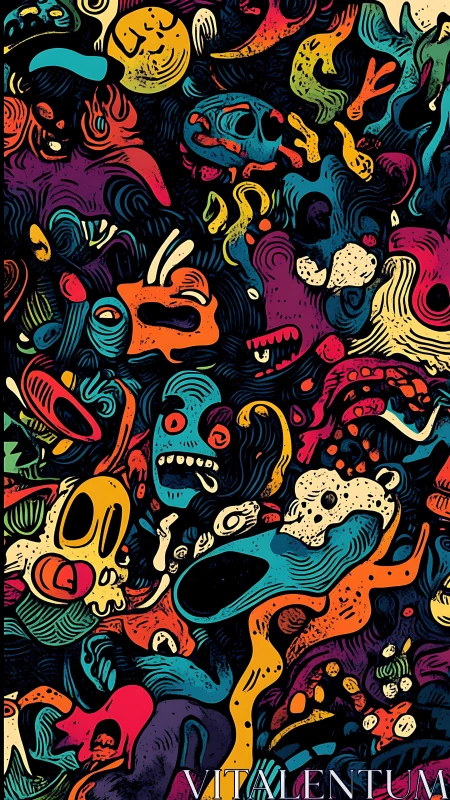 Neon nightmare parade of grinning goblins and melting skulls.