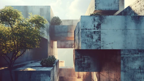 Post-Industrial Courtyard: Brutalist Architecture Meets Natural Decay