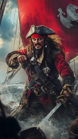 Fierce pirate captain charging across stormy ship deck.