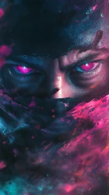 Neon-eyed masked warrior in magenta and cyan vapor haze.