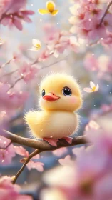 Soft-lit fluffy duckling on cherry branch in shallow depth of field