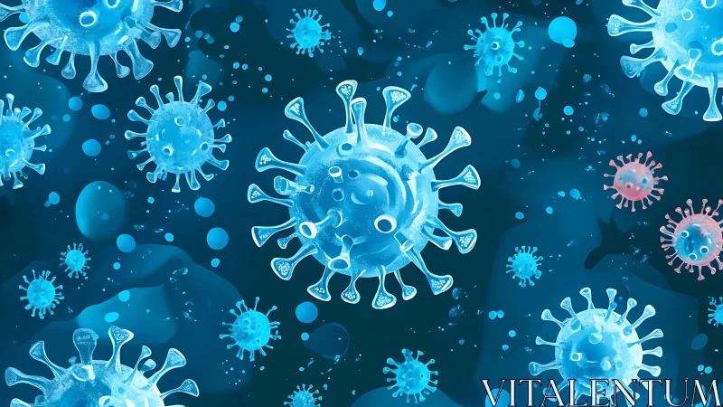 Glowing blue virus particles float in a dark microscopic space