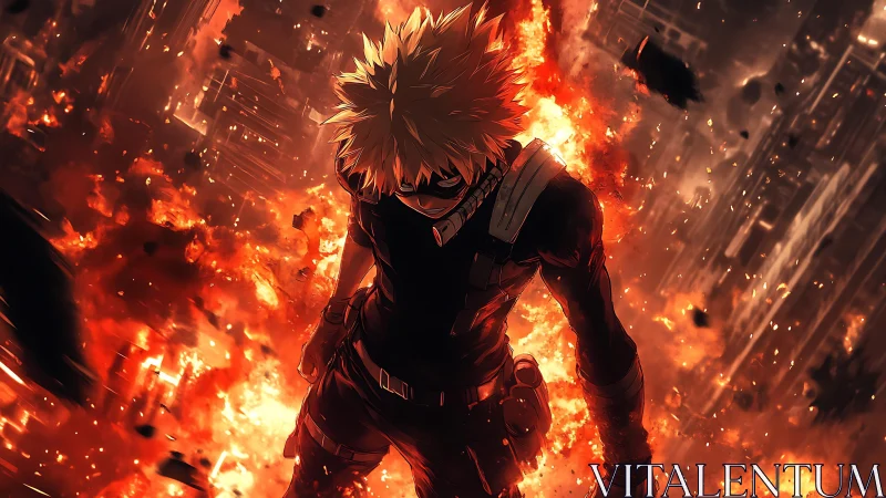 Explosive anime hero silhouetted against urban firestorm.