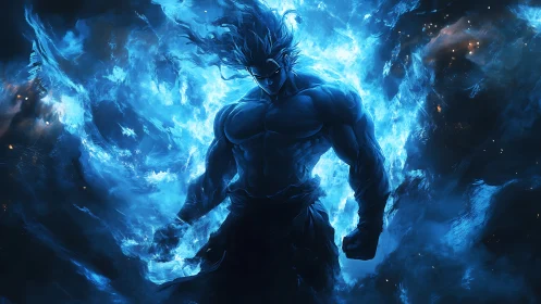 Muscular blue figure in intense energy field composition.