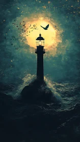 Lighthouse silhouette against lunar halo and turbulent sea surge.