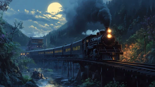 Steam train crossing moonlit forest bridge at night.