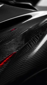 Close-up carbon fiber car bodywork with red light detail.