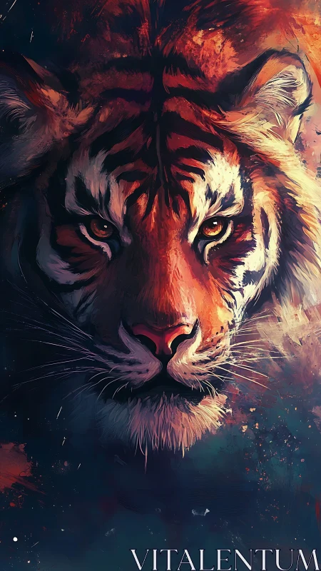 Fierce tiger face emerges from fiery abstract shadows.