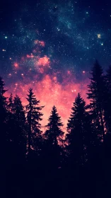 Spectral nebular sky above silhouetted conifer forest horizon.