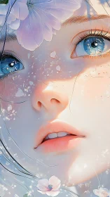 Close-up dreamy anime girl with blue eyes and soft petals.