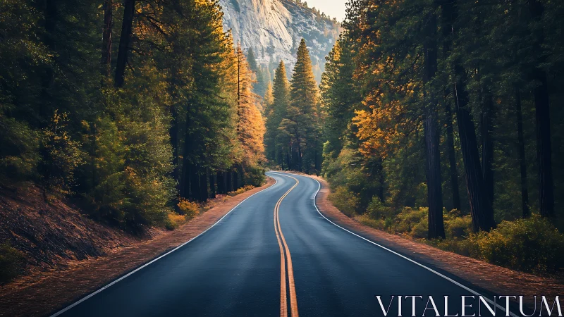 Winding passage where autumn-blazed forest frames an endless ribbon of asphalt