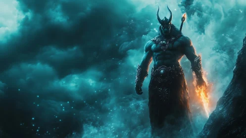 Demonic warlord emerges from storm with blazing sword.