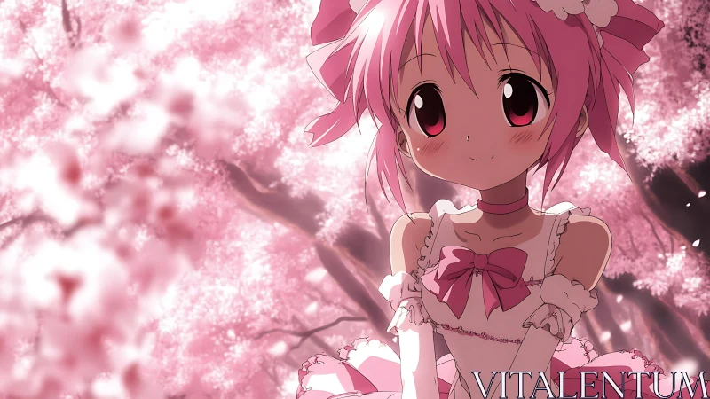 Anime portrait in sakura grove with soft-focus depth staging.