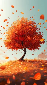 Solitary deciduous tree stands on hill with windblown leaves