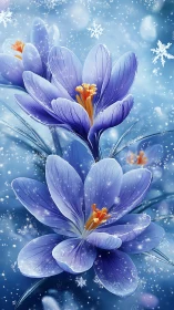 Purple Crocuses with Frozen Snowflakes in Dynamic Winter Botanical Composition