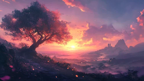 Radiant fantasy valley sunset with lone silhouetted tree.