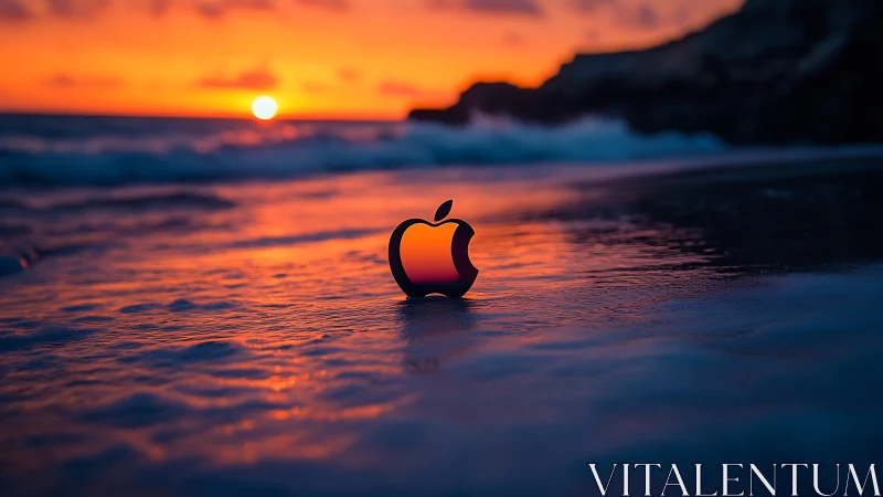Sunset-lit metallic apple emblem resting in tidal glow.
