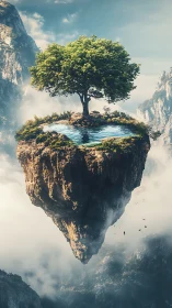 Skyroot island and mirrored pool drifting above clouds.