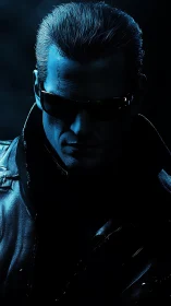 Nocturnal cyber-enforcer in high-contrast rim lighting study.