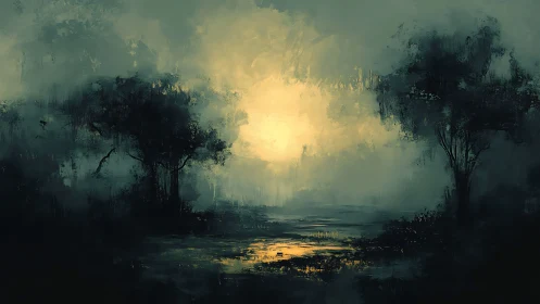 Digital painting nocturne with misted trees and pale lumen.