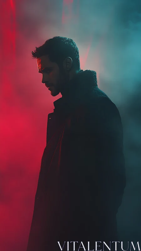Moody side-profile portrait in red and teal cinematic haze.