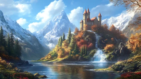 Mountain castle above cascading river in autumn light.