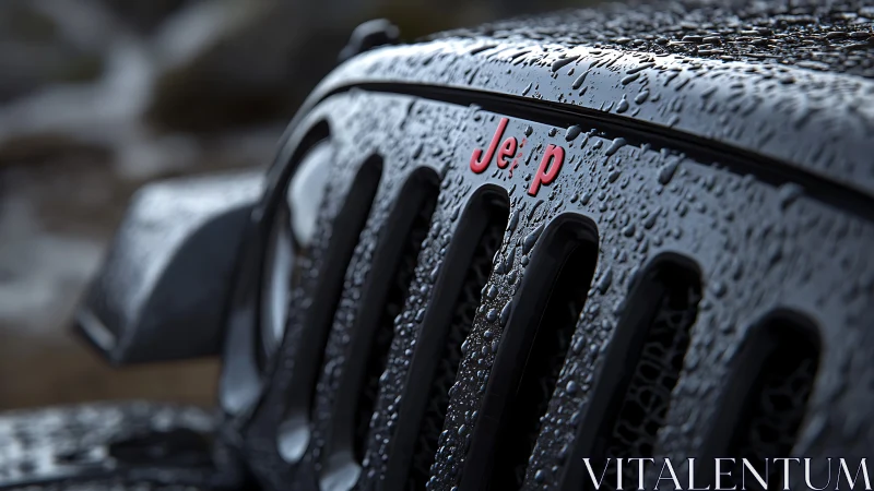 Raindrops march over rugged Jeep grille in dramatic closeup