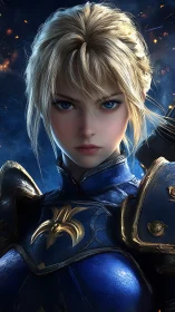 Blonde starborn knight stares down destiny in blue armor.