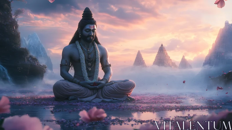 Meditating mountain lord breathes dawn into floating temples