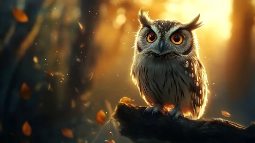 Realistic owl with bright eyes on branch, autumn forest at sunset.